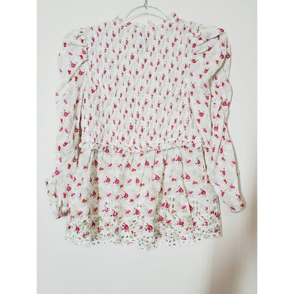 Anthropologie Womens Top Small Smocked Ruched Puff Sleeve Feminine Floral Lace - Picture 5 of 12